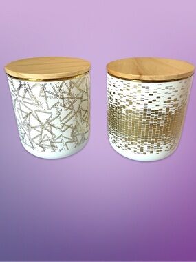 DI White Ceramic Kitchen Storage Canisters Patterned Metallic Gold Bamboo Lids